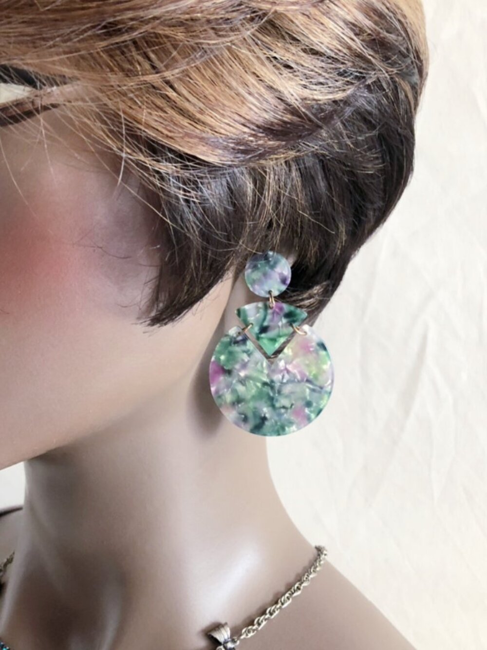 80s Style Geometric Pie Cut Acetate Earrings Deep Green Silver